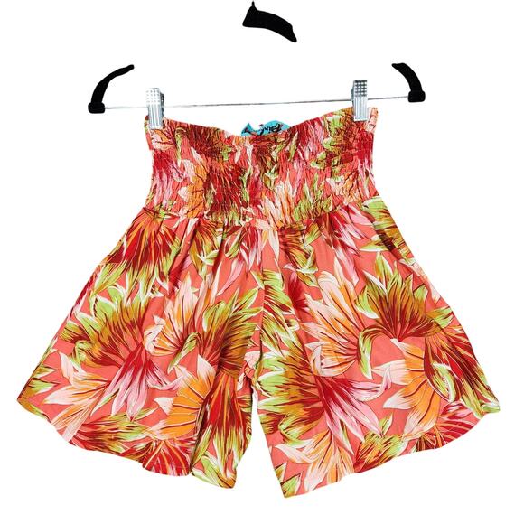 Rainbow Jo Hawaiian Shorts S Women Orange Pink Green Hibiscus Aloha Tropical NEW - Picture 2 of 7